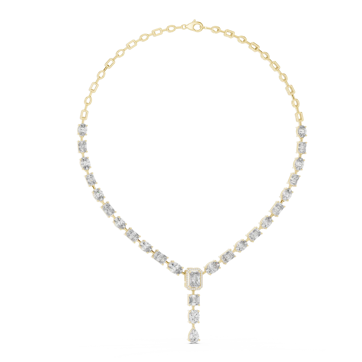 Front View: Emerald Cut Diamond Necklace with Pave Setting in 14k Yellow Gold - Lab Grown - Driona Jewels