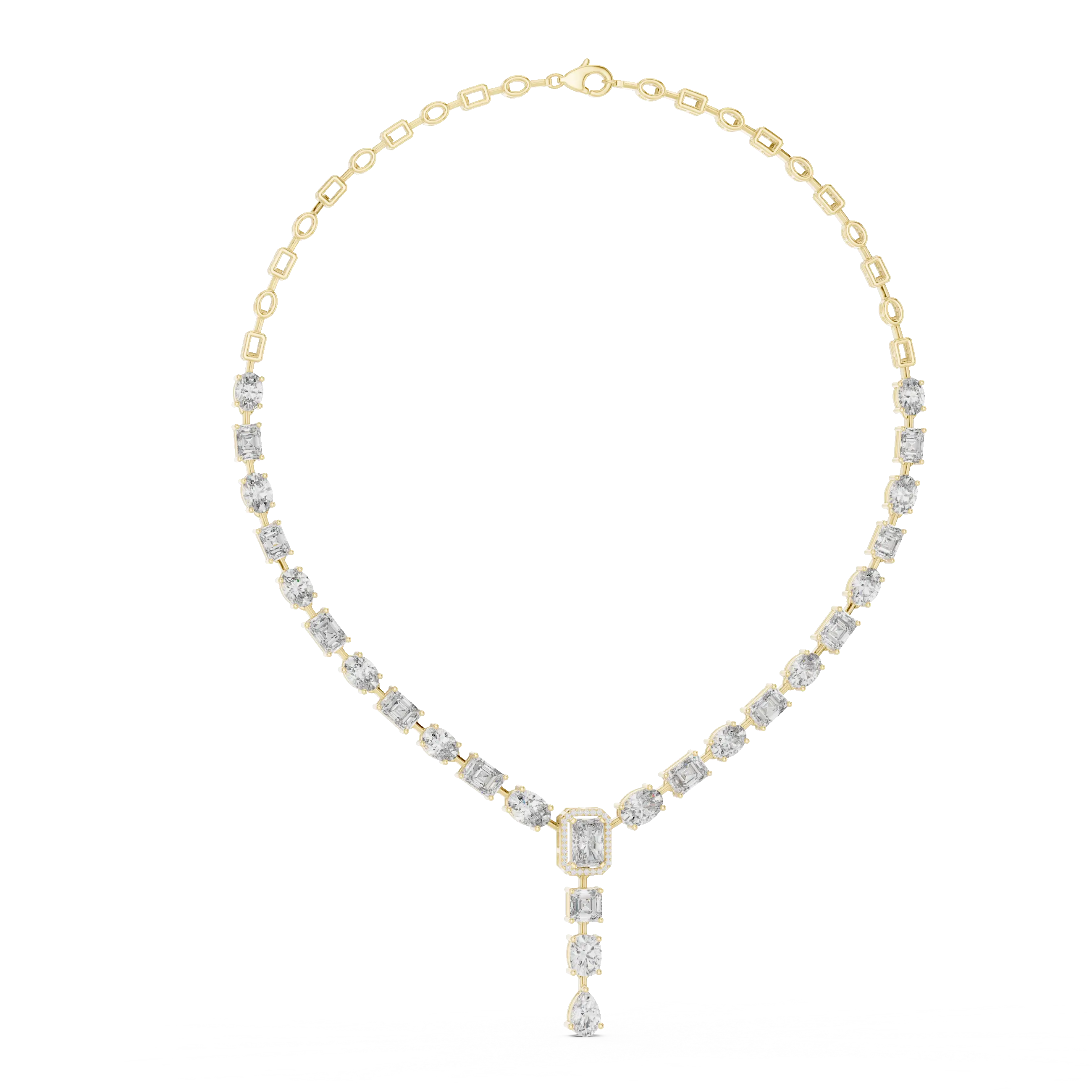 Front View: Emerald Cut Diamond Necklace with Pave Setting in 14k Yellow Gold - Lab Grown - Driona Jewels