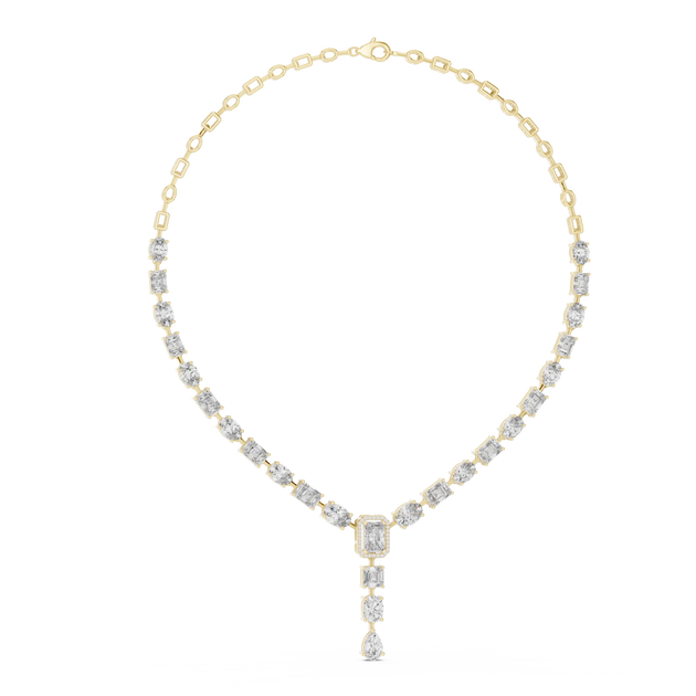 Front View: Emerald Cut Diamond Necklace with Pave Setting in 14k Yellow Gold - Lab Grown - Driona Jewels