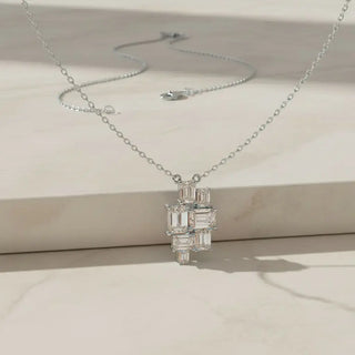 Flat Lay: Emerald Cut Diamond Necklace with Pendant Setting in 925 Silver - Lab Grown - Driona Jewels