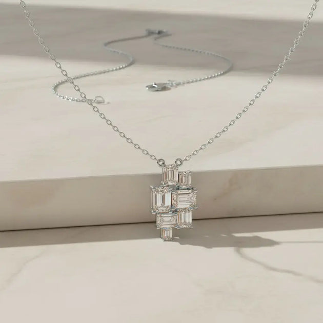 Flat Lay: Emerald Cut Diamond Necklace with Pendant Setting in 925 Silver - Lab Grown - Driona Jewels