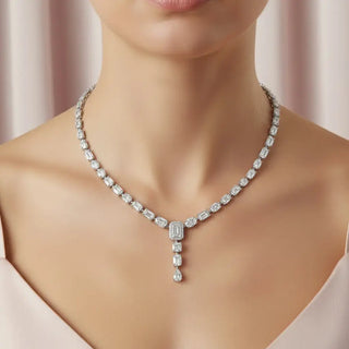 Front-view: Emerald Cut Diamond Necklace with Pendant Setting in 14k White Gold - Lab Grown - Driona Jewels
