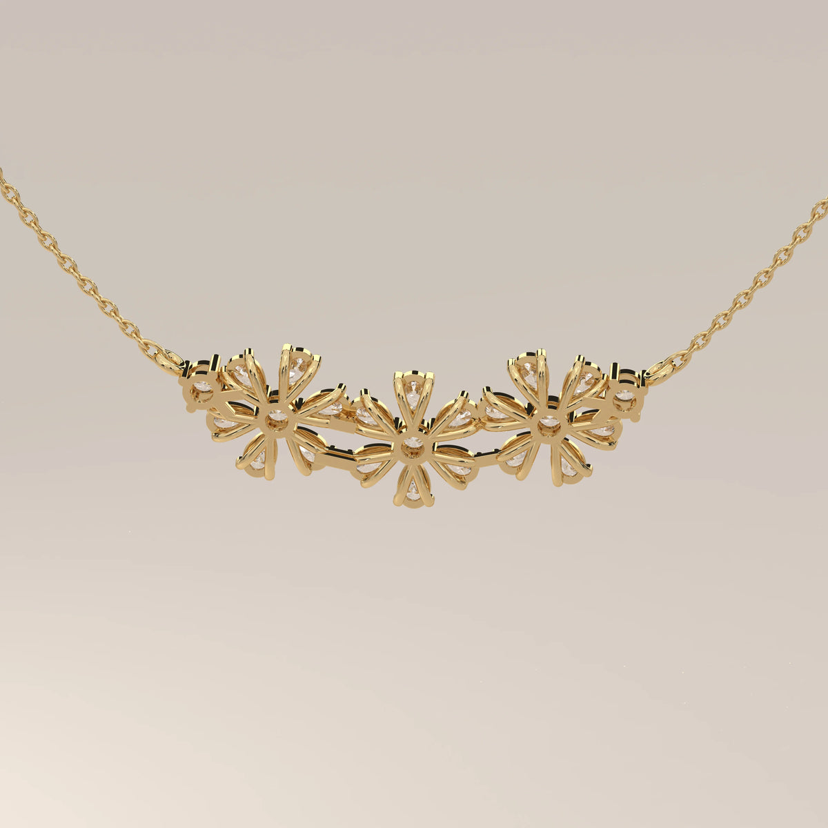 A floral lab grown diamond cluster pendant bar design in yellow gold, front view on a plain background.