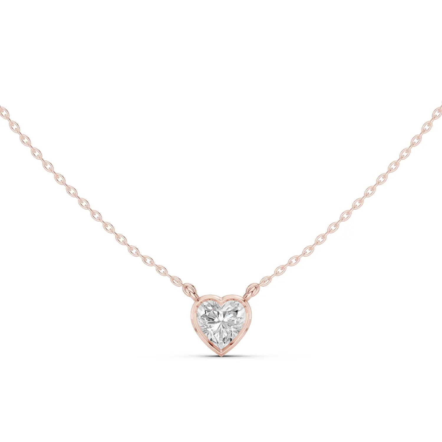 Front-View: Heart Diamond Necklace with Bezel Setting in 14k Rose Gold - Lab Grown - Driona Jewels