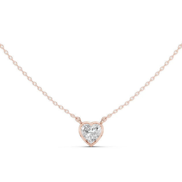 Front-View: Heart Diamond Necklace with Bezel Setting in 14k Rose Gold - Lab Grown - Driona Jewels
