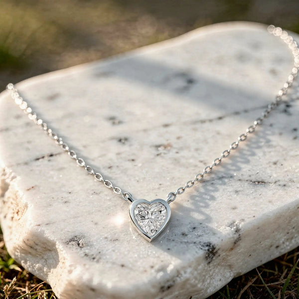 Front-view: Heart Diamond Necklace with Bezel Setting in 925 Silver - Lab Grown - Driona Jewels