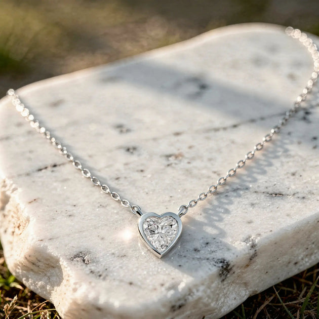 Front-view: Heart Diamond Necklace with Bezel Setting in 925 Silver - Lab Grown - Driona Jewels
