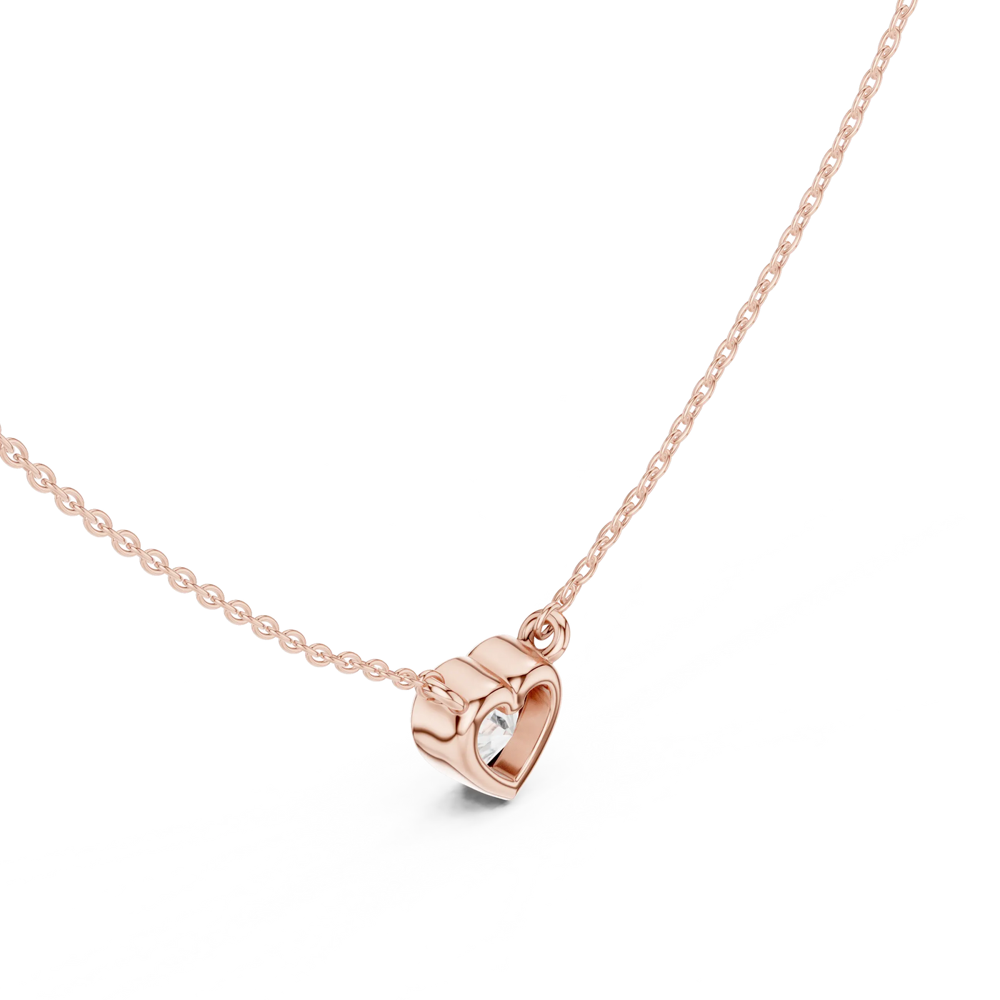Three-quarter-view: Heart Cut Diamond Necklace with Prong Setting in 14k Rose Gold - Lab Grown - Driona Jewels