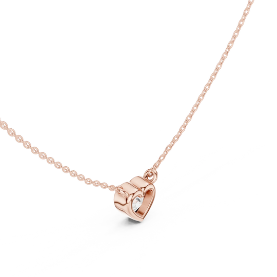 Three-quarter-view: Heart Cut Diamond Necklace with Prong Setting in 14k Rose Gold - Lab Grown - Driona Jewels