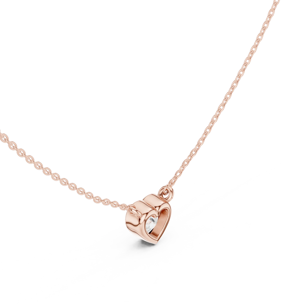 Three-quarter-view: Heart Cut Diamond Necklace with Prong Setting in 14k Rose Gold - Lab Grown - Driona Jewels