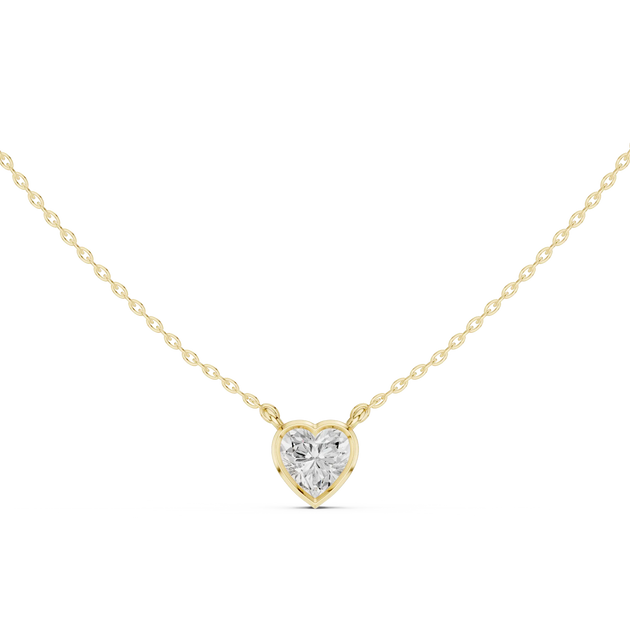 Front-view: Heart Diamond Necklace with Solitaire Setting in 14k Yellow Gold - Lab Grown - Driona Jewels