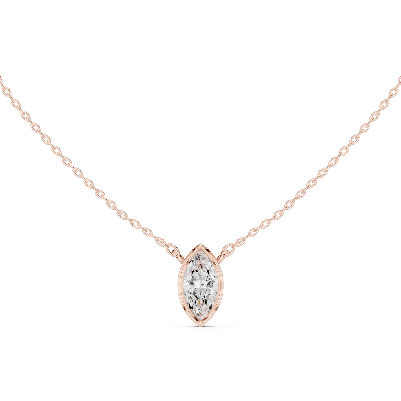 Front-view: Marquise Diamond Necklace with Bezel Setting in 14k Rose Gold - Lab Grown - Driona Jewels