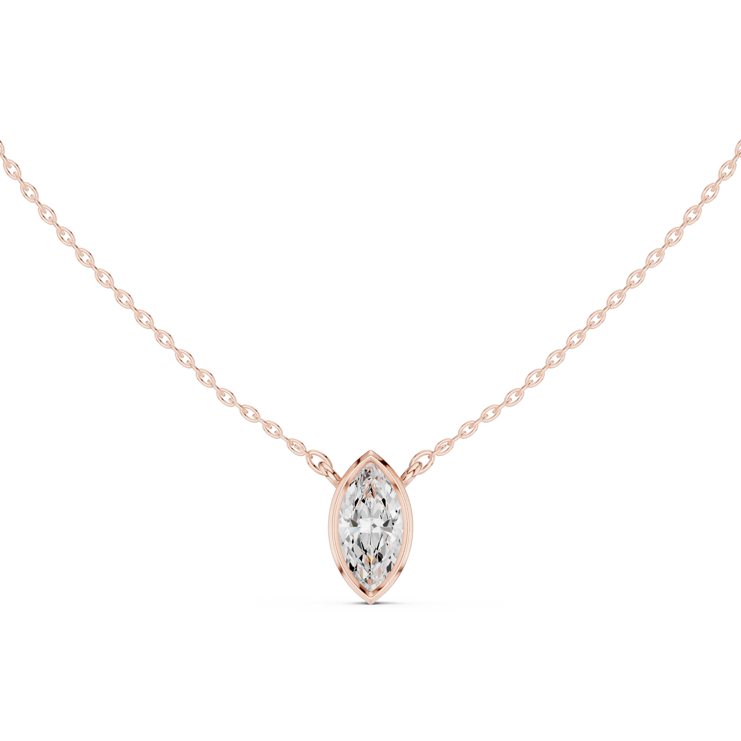 Front-view: Marquise Diamond Necklace with Bezel Setting in 14k Rose Gold - Lab Grown - Driona Jewels