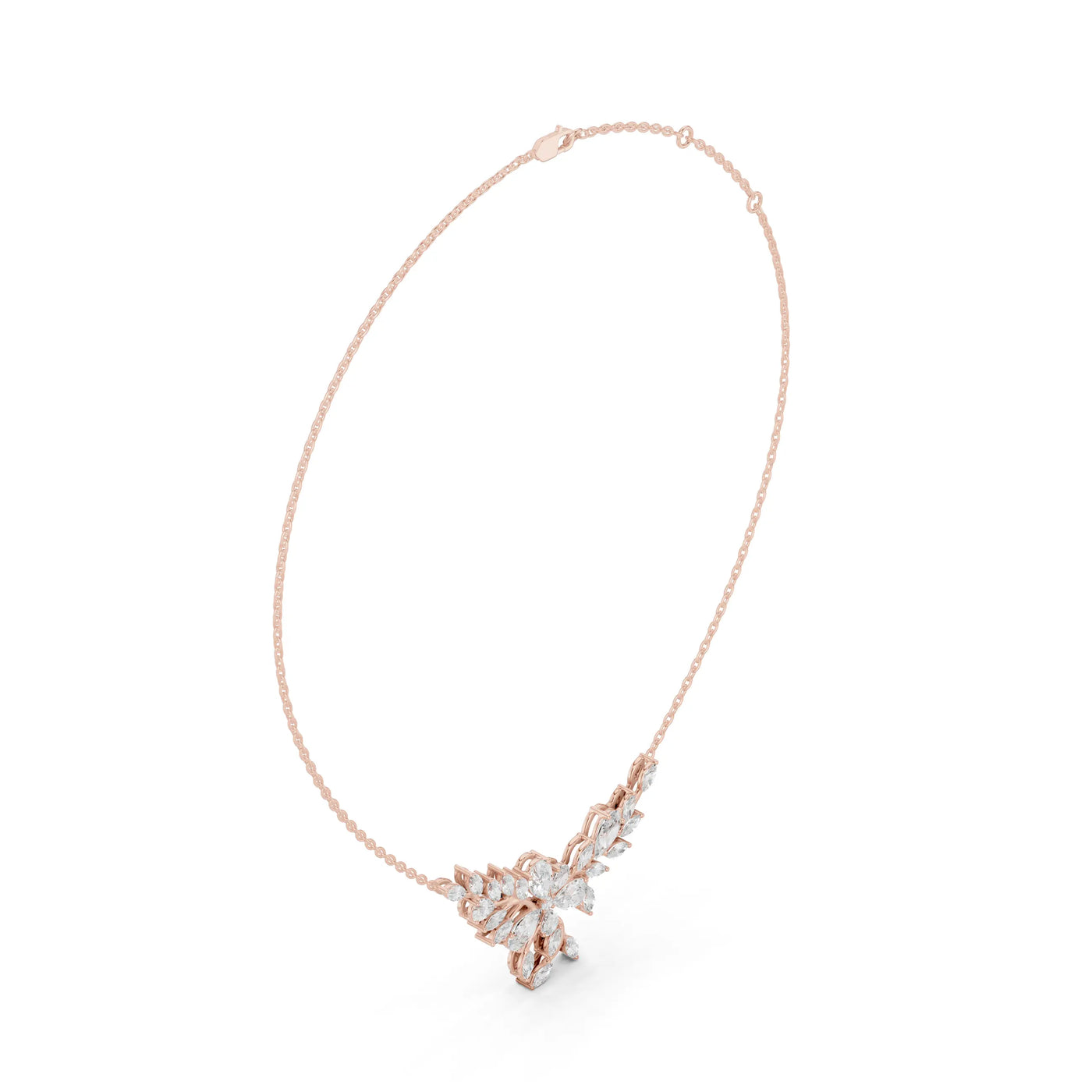 Three-quarter-view: Marquise Diamond Necklace with Cluster Setting in 14k Rose Gold - Lab Grown - Driona Jewels