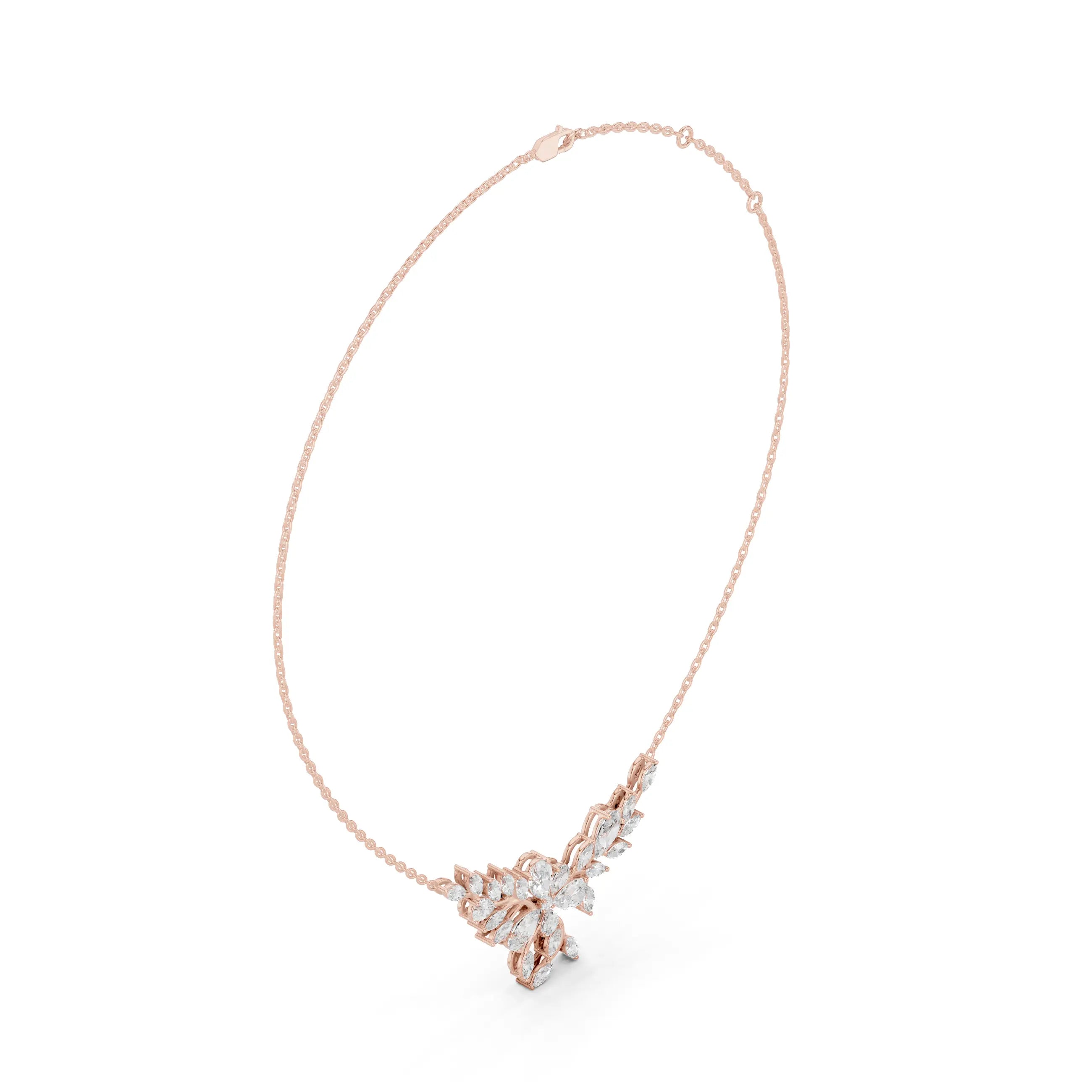 Three-quarter-view: Marquise Diamond Necklace with Cluster Setting in 14k Rose Gold - Lab Grown - Driona Jewels