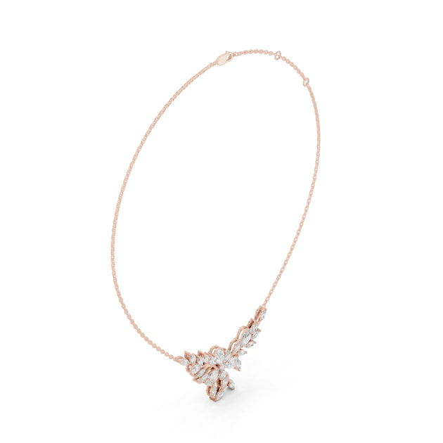 Three-quarter-view: Marquise Diamond Necklace with Cluster Setting in 14k Rose Gold - Lab Grown - Driona Jewels