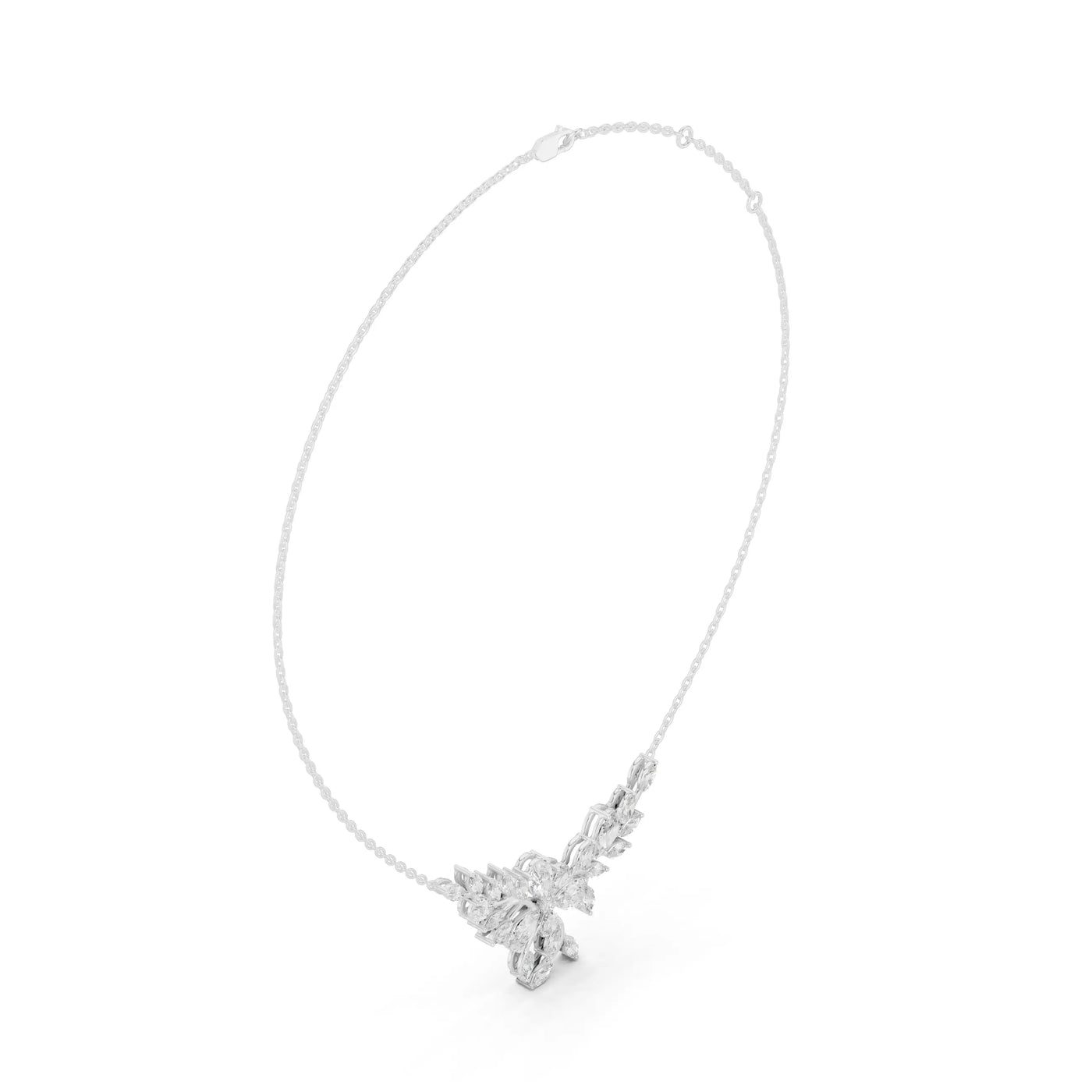 Three-quarter-view: Marquise Diamond Necklace with Cluster Setting in 14k White Gold - Lab Grown - Driona Jewels