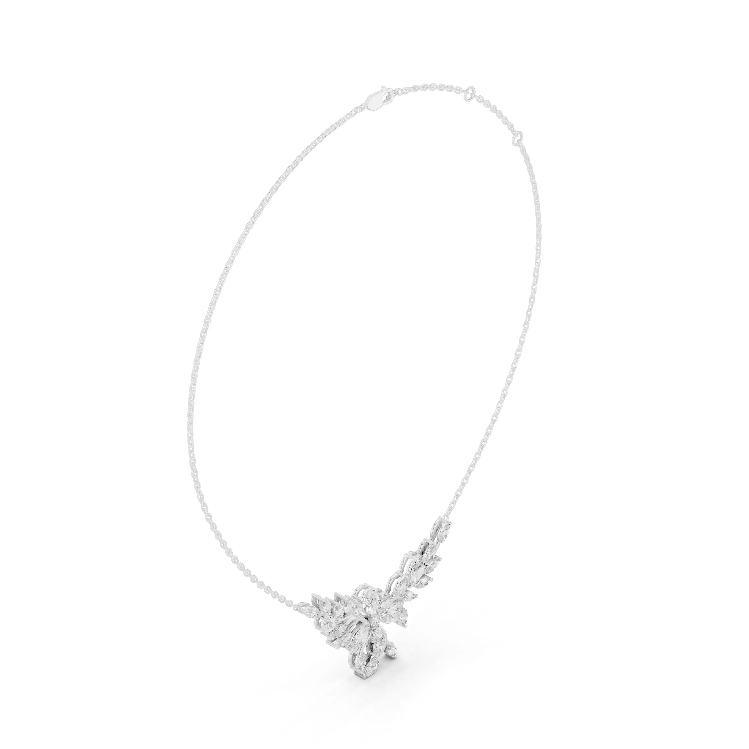 Three-quarter-view: Marquise Diamond Necklace with Cluster Setting in 14k White Gold - Lab Grown - Driona Jewels