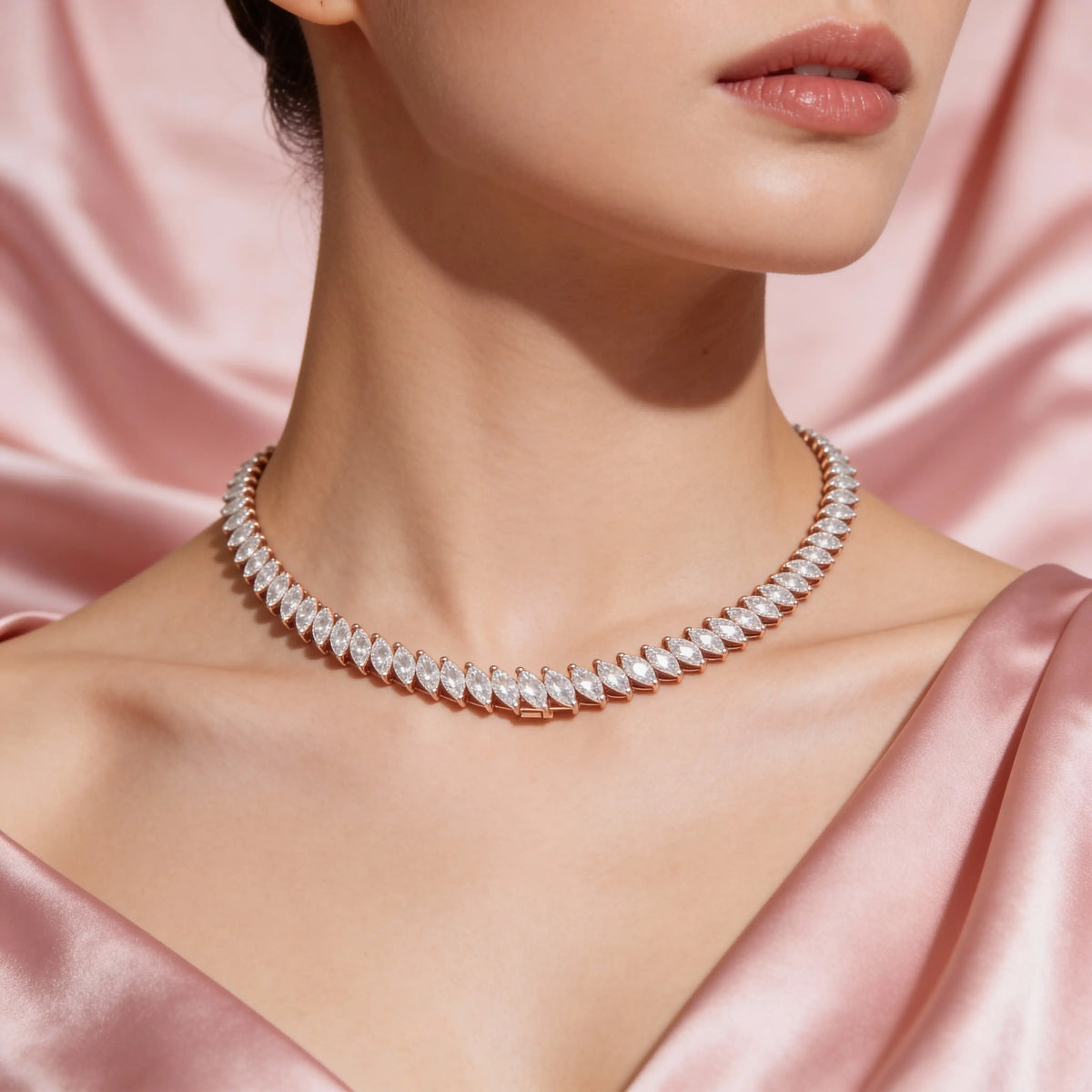 Front-view: Marquise Diamond Necklace with Pave Setting in 14k Gold - Lab Grown - Driona Jewels