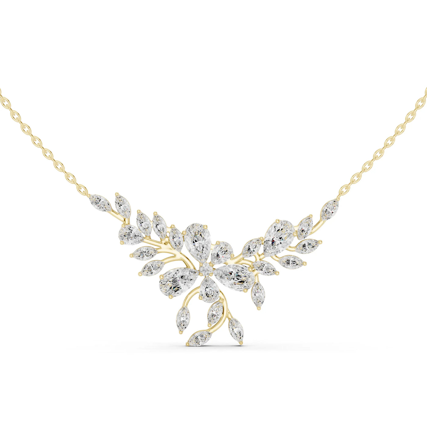 Front View: Marquise Diamond Necklace with Pave Setting in 14k Yellow Gold - Lab Grown - Driona Jewels
