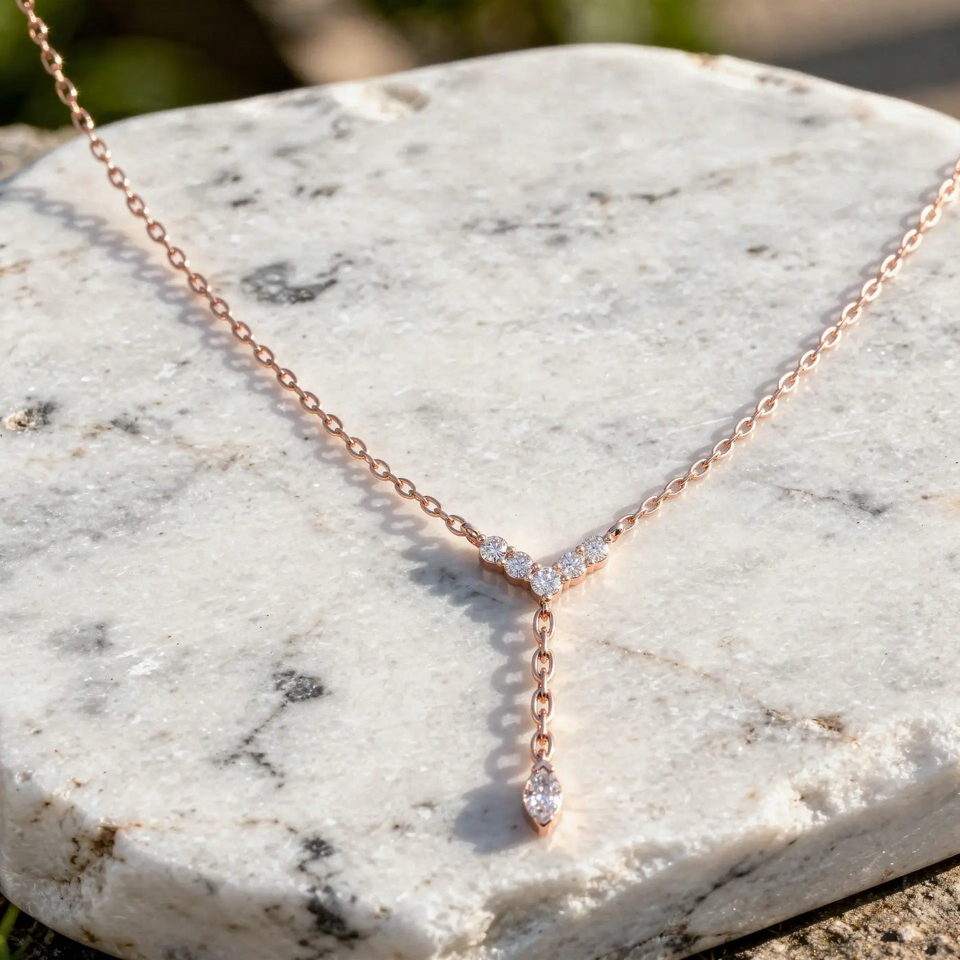 Flat-Lay: Marquise Diamond Necklace with Pendant Setting in 14k Rose Gold - Lab Grown - Driona Jewels