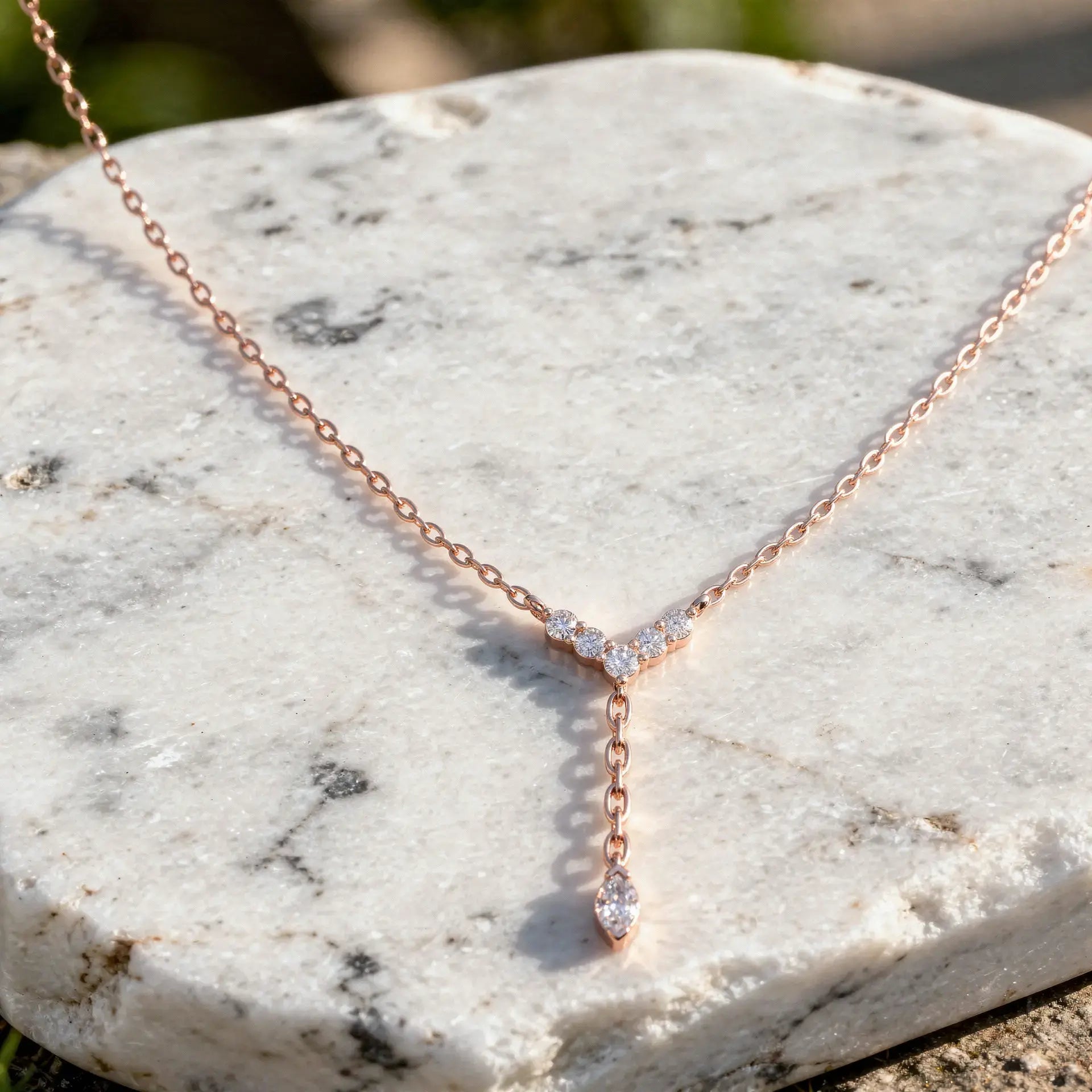 Flat-Lay: Marquise Diamond Necklace with Pendant Setting in 14k Rose Gold - Lab Grown - Driona Jewels