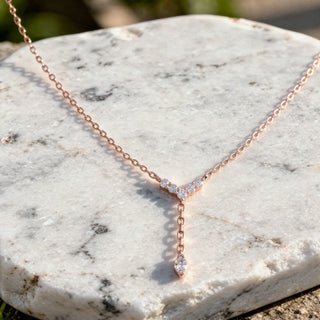 Flat-Lay: Marquise Diamond Necklace with Pendant Setting in 14k Rose Gold - Lab Grown - Driona Jewels