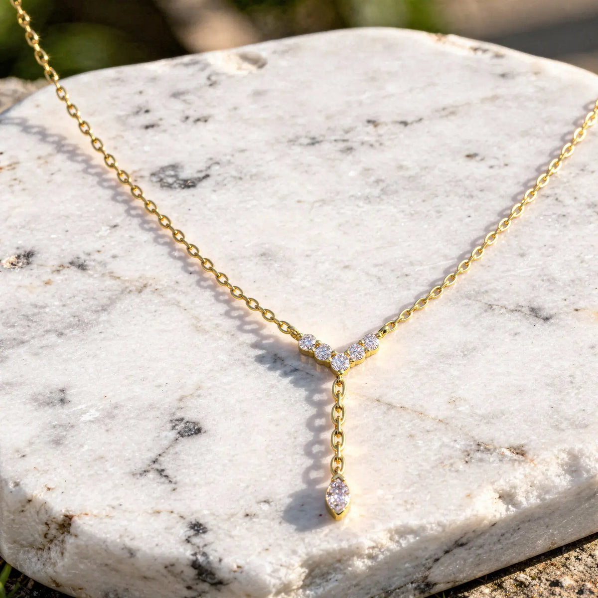 Flat-Lay: Marquise Diamond Necklace with Pendant Setting in 14k Yellow Gold - Lab Grown - Driona Jewels