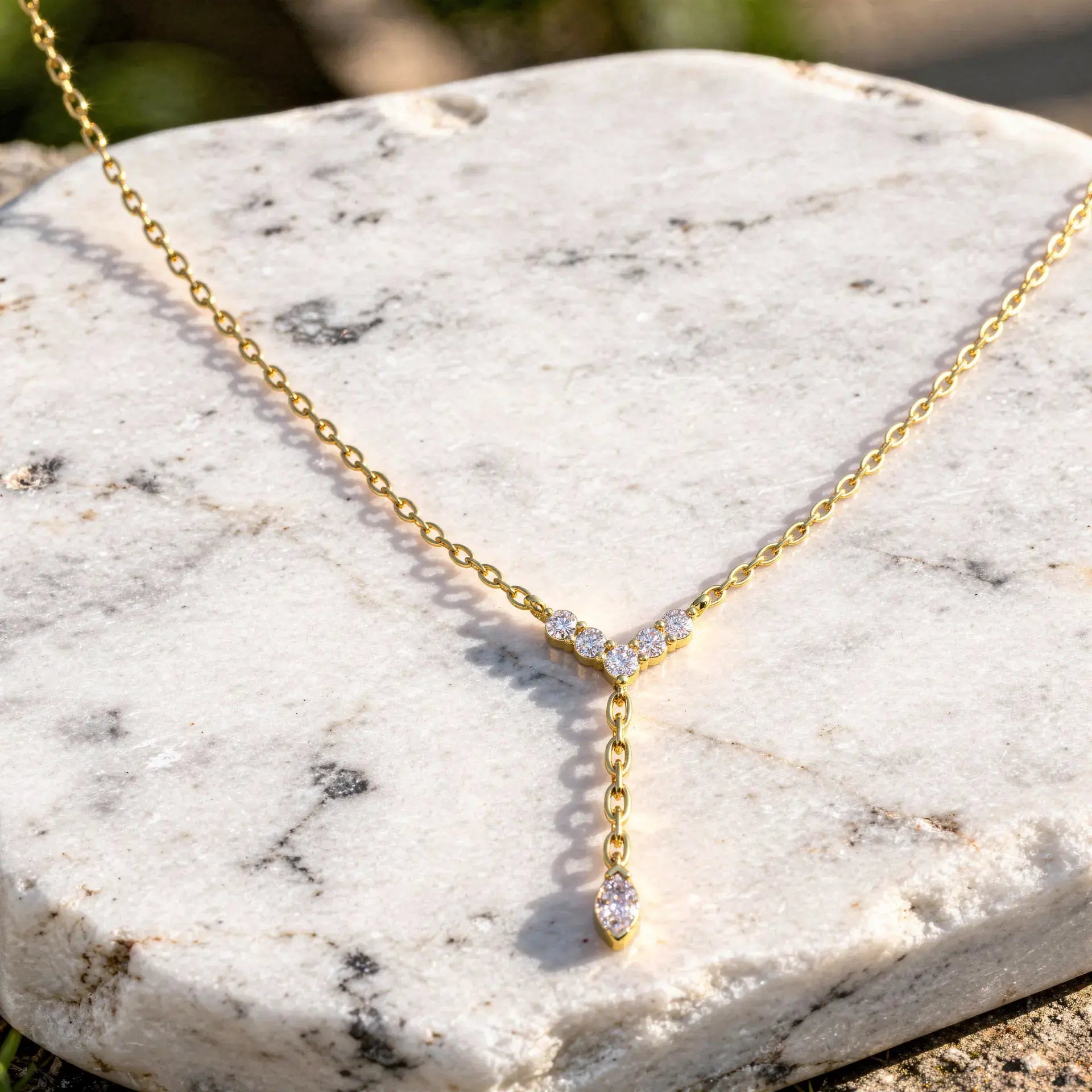 Flat-Lay: Marquise Diamond Necklace with Pendant Setting in 14k Yellow Gold - Lab Grown - Driona Jewels