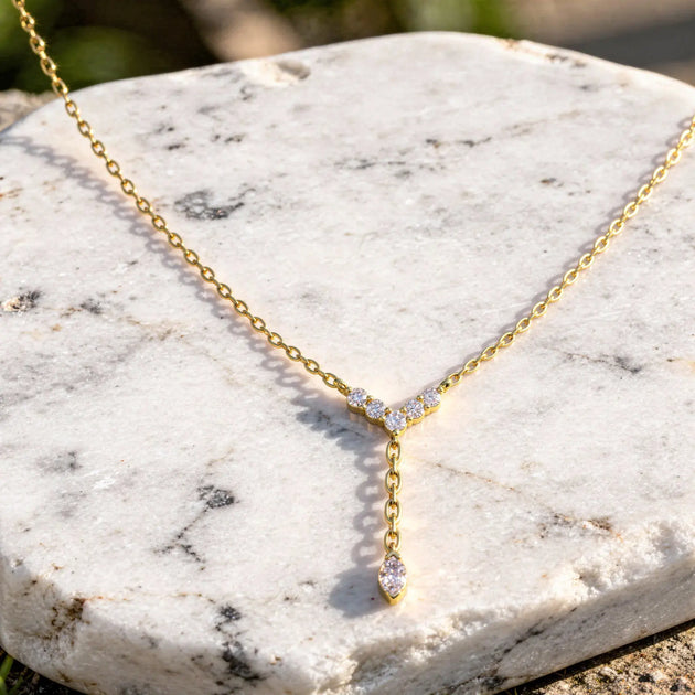 Flat-Lay: Marquise Diamond Necklace with Pendant Setting in 14k Yellow Gold - Lab Grown - Driona Jewels