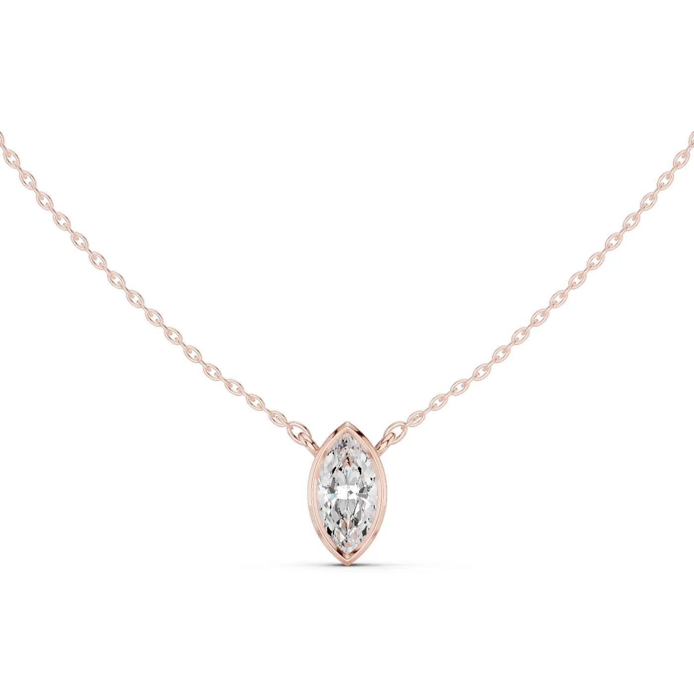 Front-view: Marquise Diamond Necklace with Solitaire Setting in 14k Rose Gold - Lab Grown - Driona Jewels
