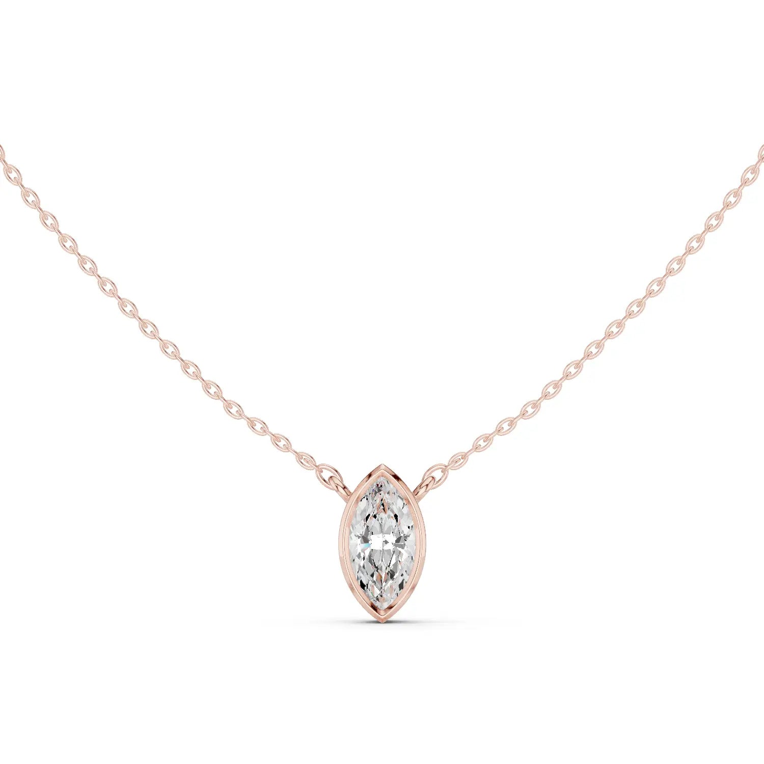 Front-view: Marquise Diamond Necklace with Solitaire Setting in 14k Rose Gold - Lab Grown - Driona Jewels