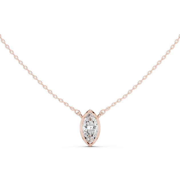 Front-view: Marquise Diamond Necklace with Solitaire Setting in 14k Rose Gold - Lab Grown - Driona Jewels