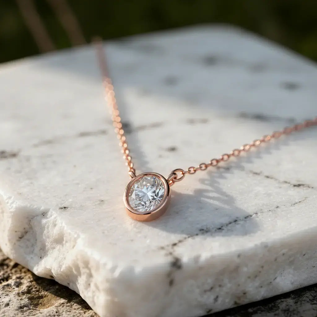 Close-up: Oval Diamond Necklace with Bezel Setting in 14k Rose Gold - Lab Grown - Driona Jewels