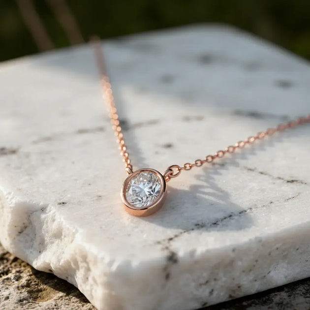 Close-up: Oval Diamond Necklace with Bezel Setting in 14k Rose Gold - Lab Grown - Driona Jewels