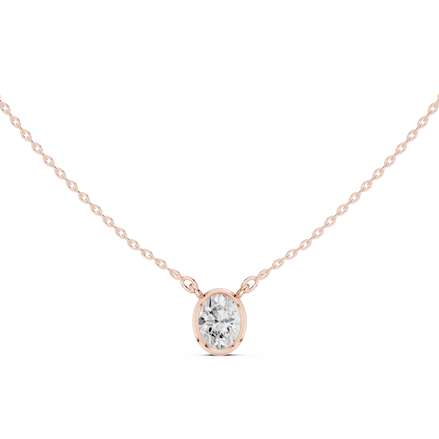 Front View: Oval Diamond Necklace with Bezel Setting in 14k Rose Gold - Lab Grown - Driona Jewels