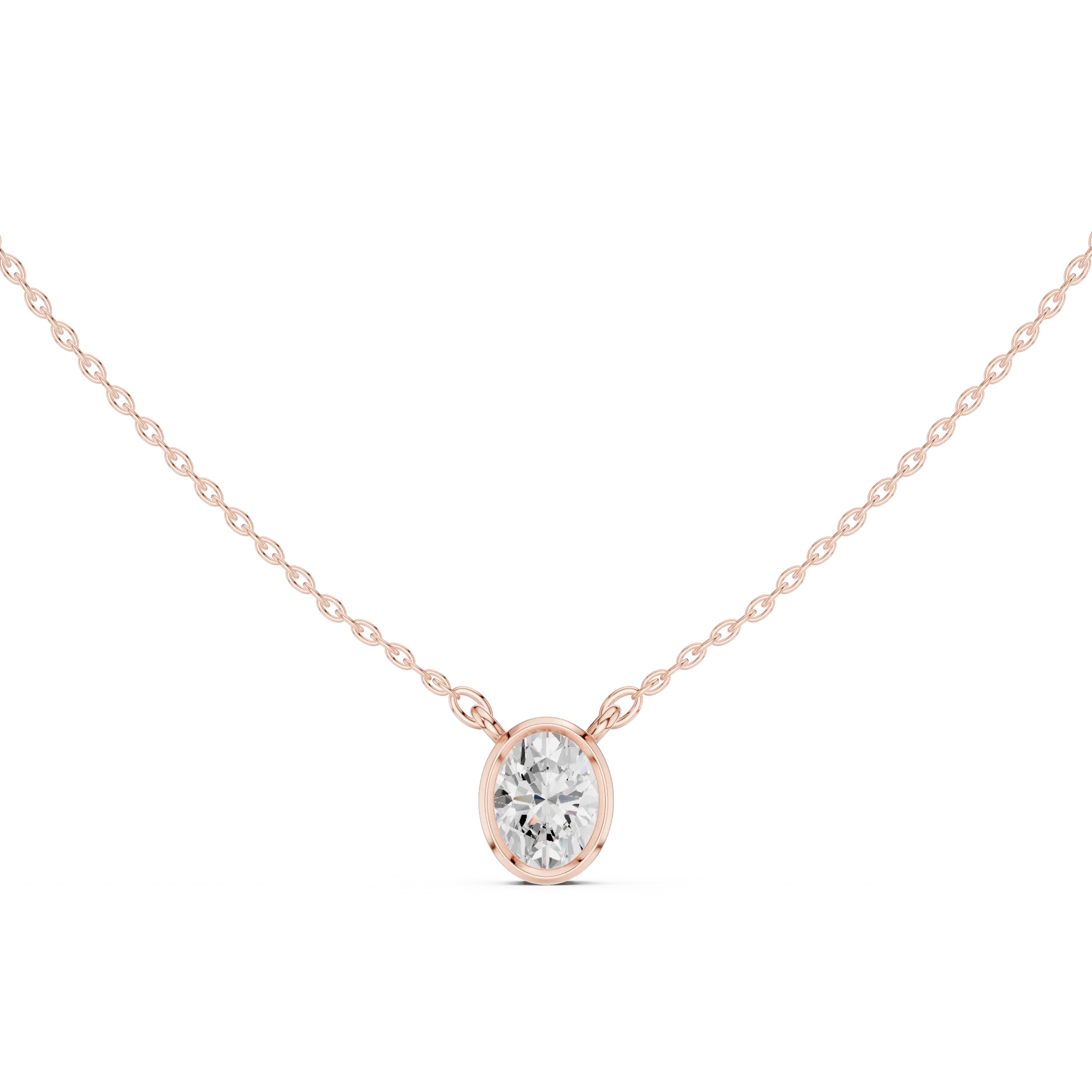 Front View: Oval Diamond Necklace with Bezel Setting in 14k Rose Gold - Lab Grown - Driona Jewels