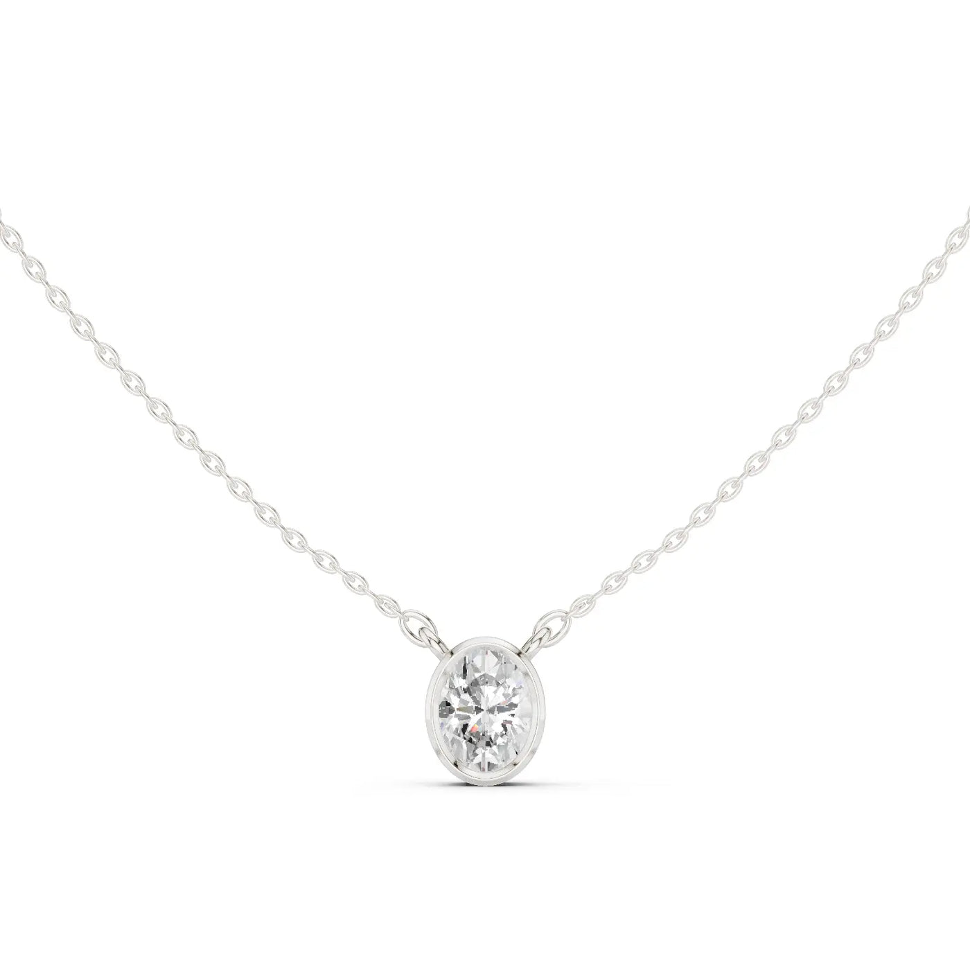 Front-View: Oval Diamond Necklace with Bezel Setting in 14k White Gold - Lab Grown - Driona Jewels
