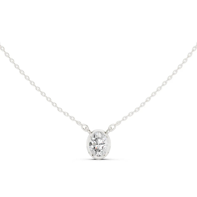 Front-View: Oval Diamond Necklace with Bezel Setting in 14k White Gold - Lab Grown - Driona Jewels