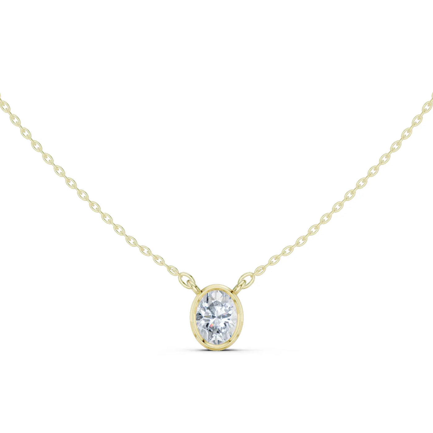 Front View: Oval Diamond Necklace with Bezel Setting in 14k Yellow Gold - Lab Grown - Driona Jewels