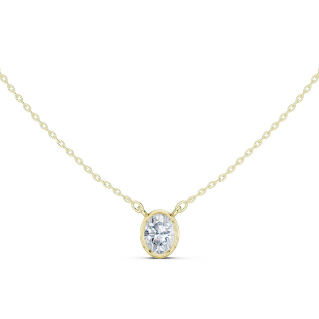 Front View: Oval Diamond Necklace with Bezel Setting in 14k Yellow Gold - Lab Grown - Driona Jewels