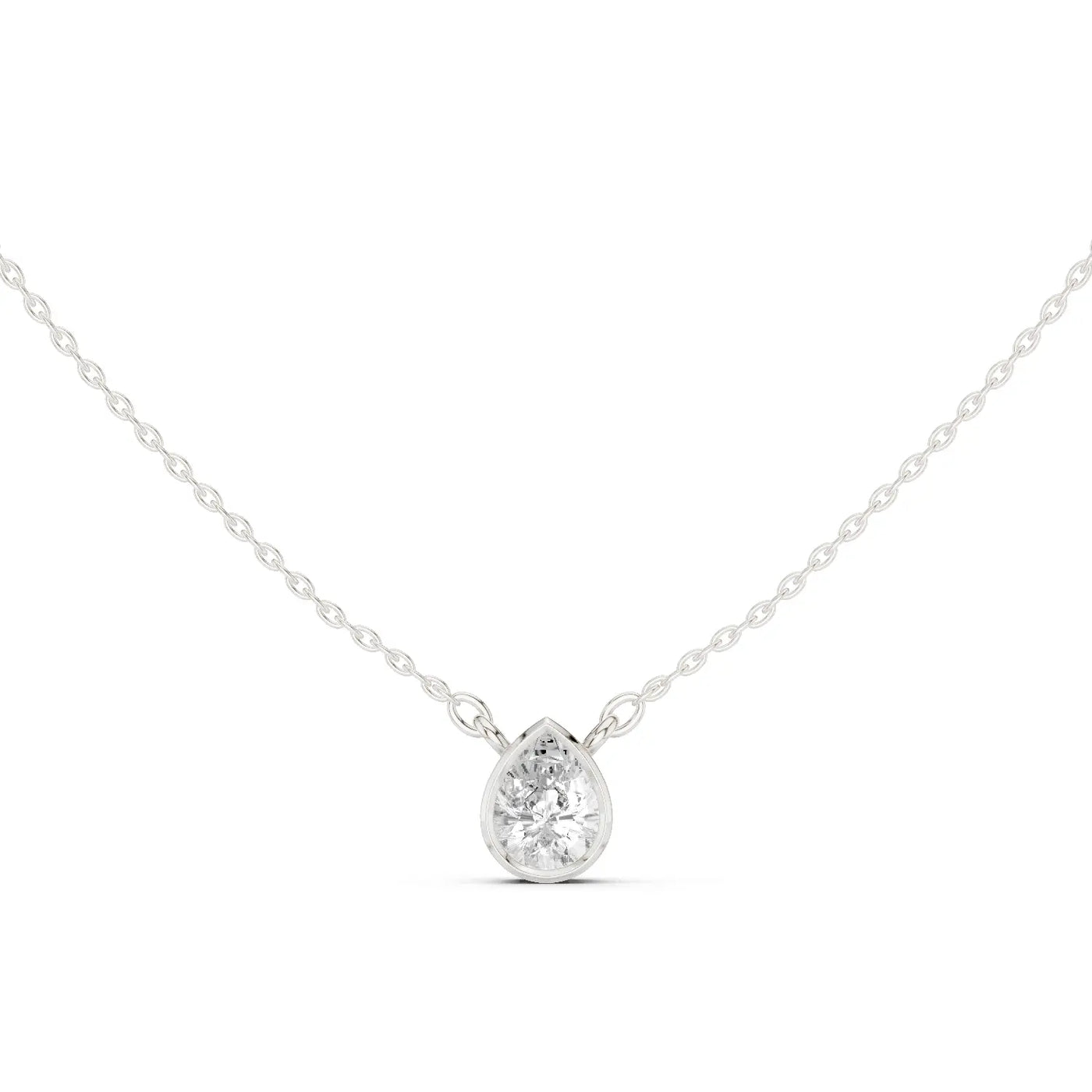 Front-view: Pear Diamond Necklace with Bezel Setting in 14k White Gold - Lab Grown - Driona Jewels