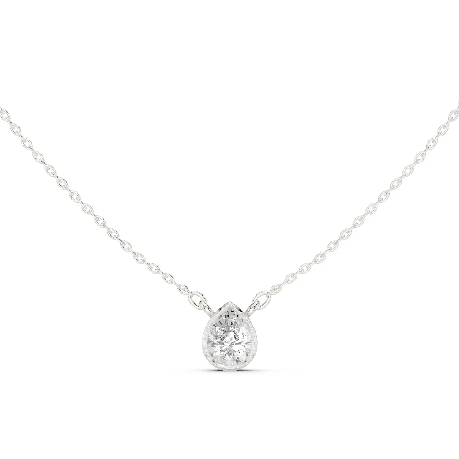 Front-view: Pear Diamond Necklace with Bezel Setting in 14k White Gold - Lab Grown - Driona Jewels