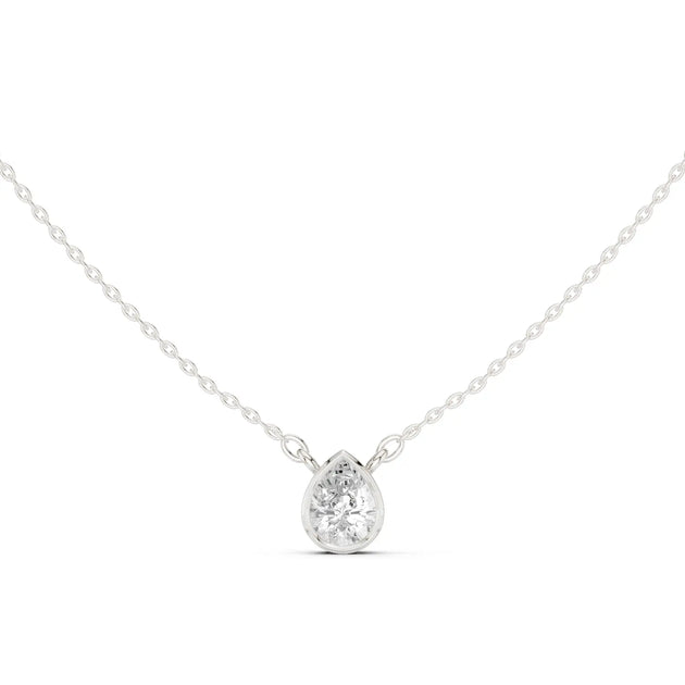 Front-view: Pear Diamond Necklace with Bezel Setting in 14k White Gold - Lab Grown - Driona Jewels