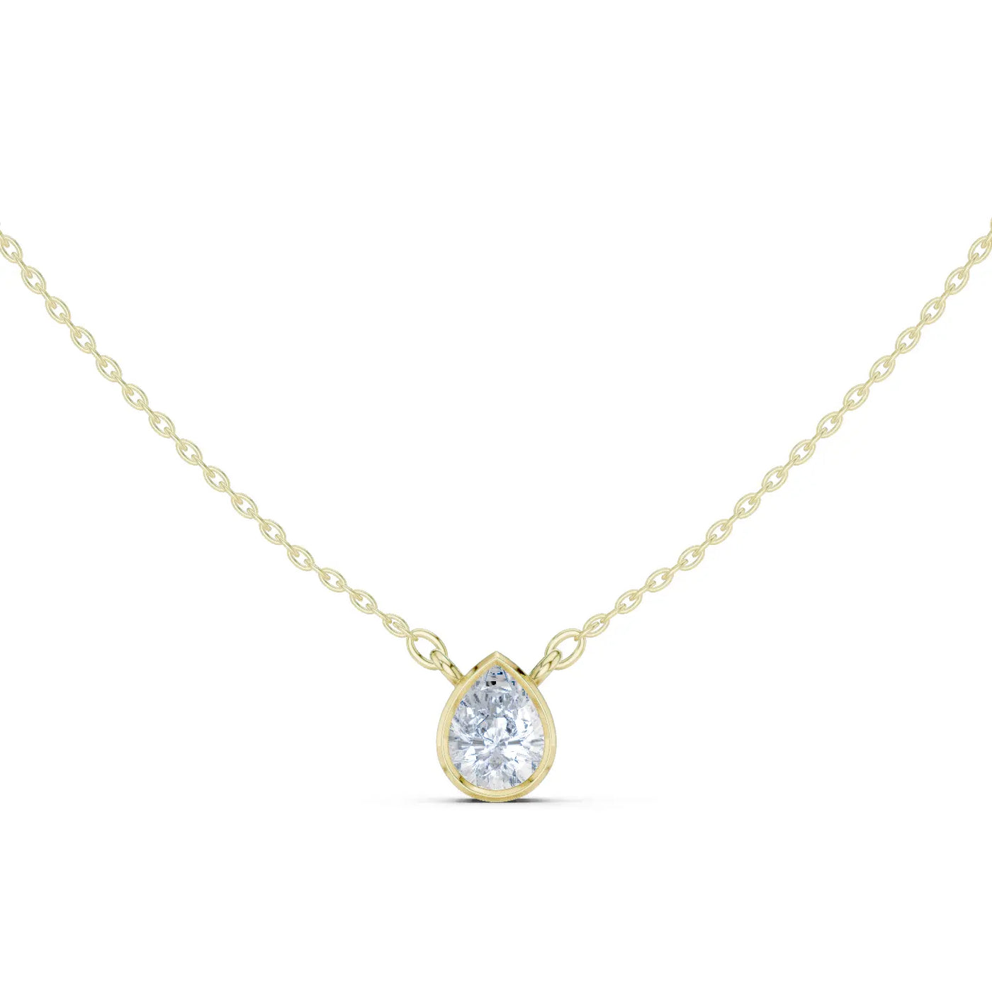Front View: Pear Diamond Necklace with Bezel Setting in 14k Yellow Gold - Lab Grown - Driona Jewels
