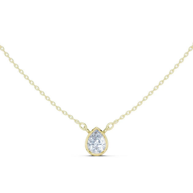 Front View: Pear Diamond Necklace with Bezel Setting in 14k Yellow Gold - Lab Grown - Driona Jewels
