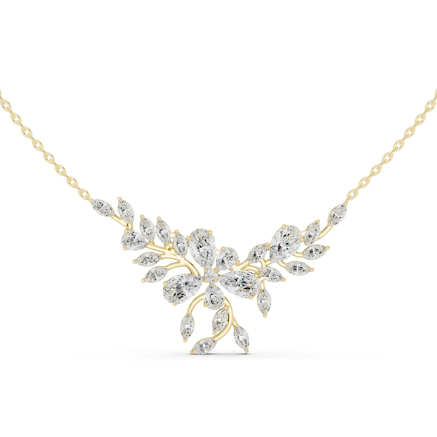 Front View: Pear Cut Diamond Necklace with Floral Setting in 14k Yellow Gold - Lab Grown - Driona Jewels