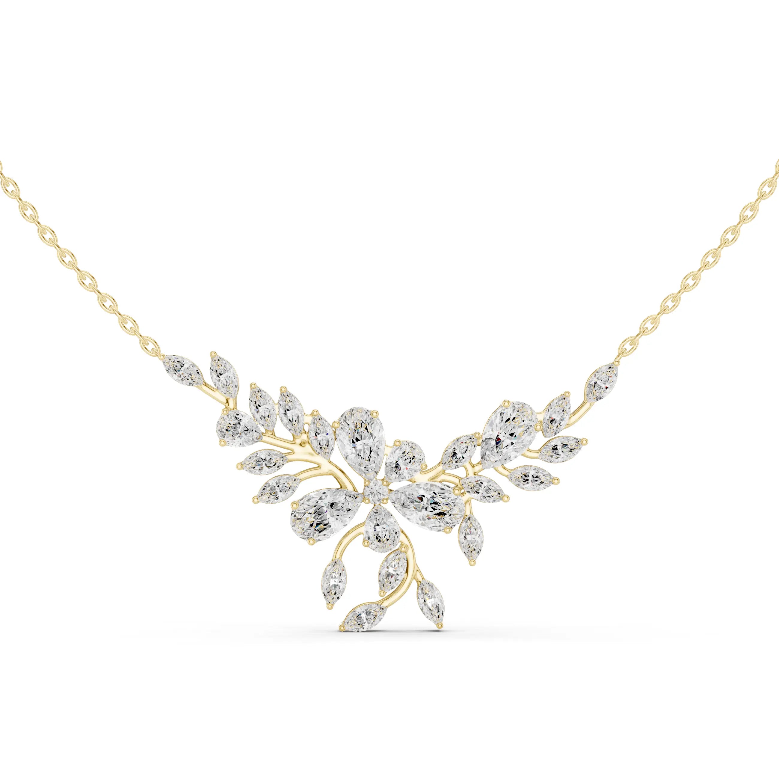 Front View: Pear Cut Diamond Necklace with Floral Setting in 14k Yellow Gold - Lab Grown - Driona Jewels