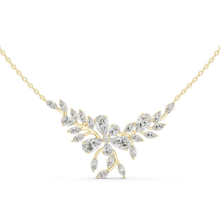 Front View: Pear Cut Diamond Necklace with Floral Setting in 14k Yellow Gold - Lab Grown - Driona Jewels