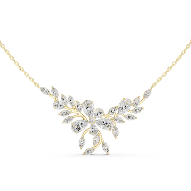 Front View: Pear Cut Diamond Necklace with Floral Setting in 14k Yellow Gold - Lab Grown - Driona Jewels